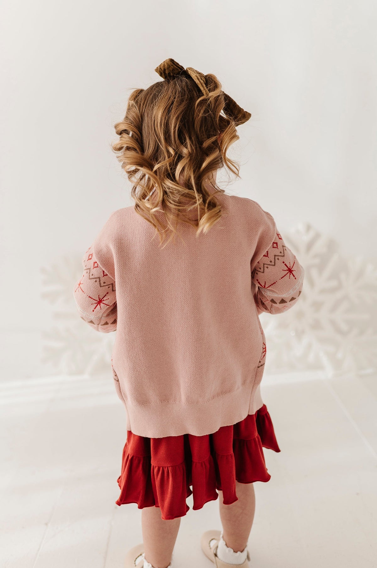 Girls Long Sleeve Jacquard Christmas Knit Sweater in Reindeer