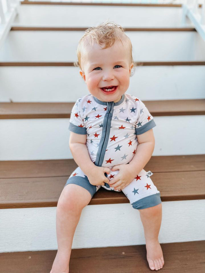 RED WHITE & BLUE STARS | SHORTIE ZIP ROMPER