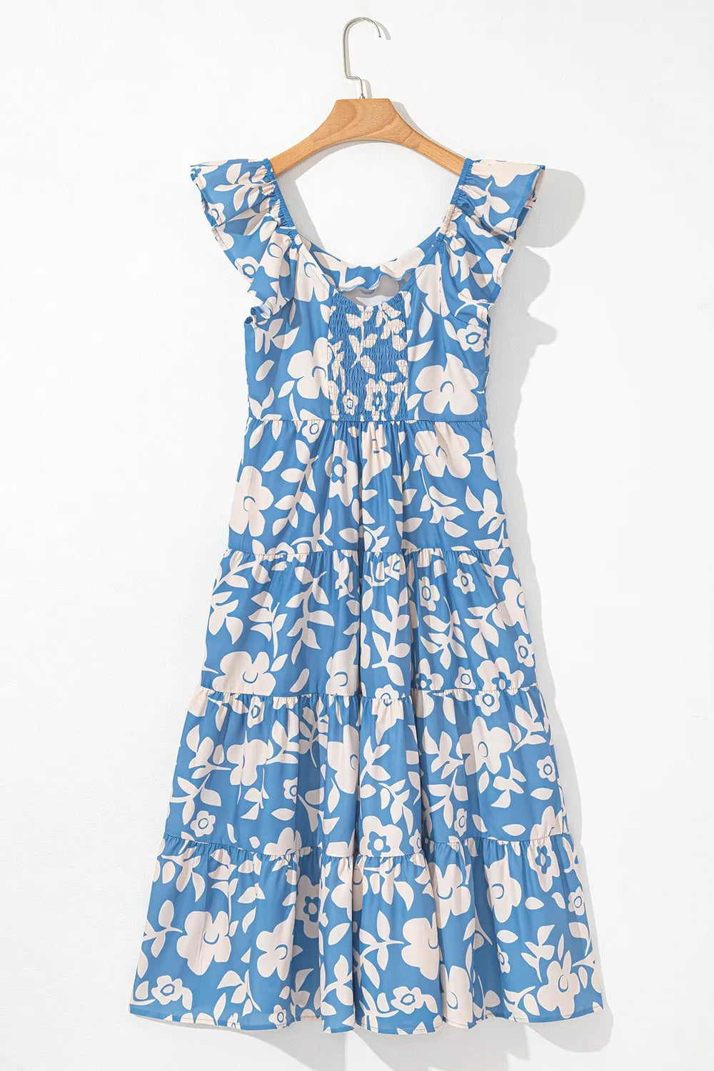 Floral Flutter Shoulder Tiered Flowy Midi Dress