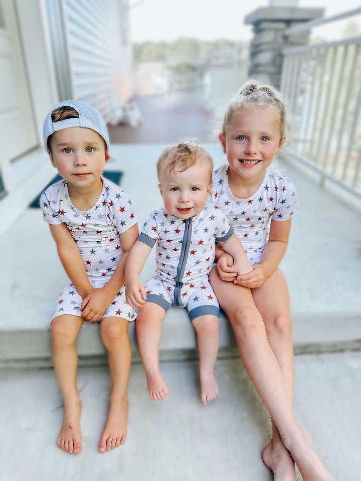 RED WHITE & BLUE STARS | SHORTIE ZIP ROMPER
