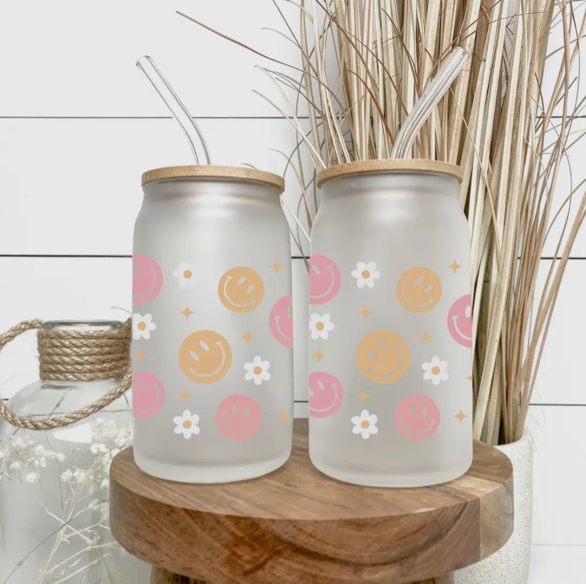 16 oz Can Glass w/ Straw & Lid | Retro Smiles