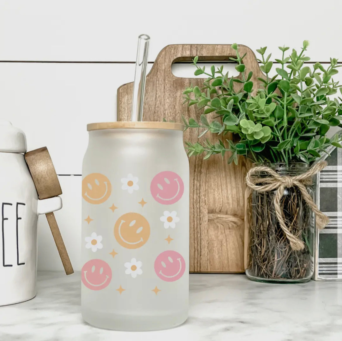 16 oz Can Glass w/ Straw & Lid | Retro Smiles