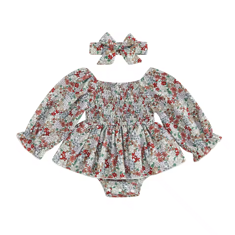 Red Multi Color Floral Scrunch Skirted Romper