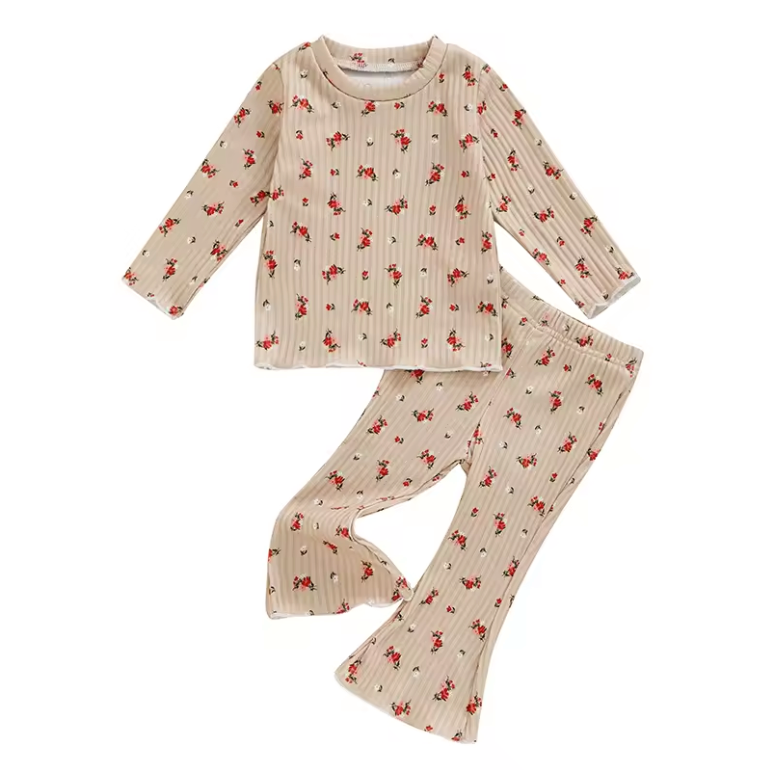 Beige Ribbed Dainty Floral Flare Set