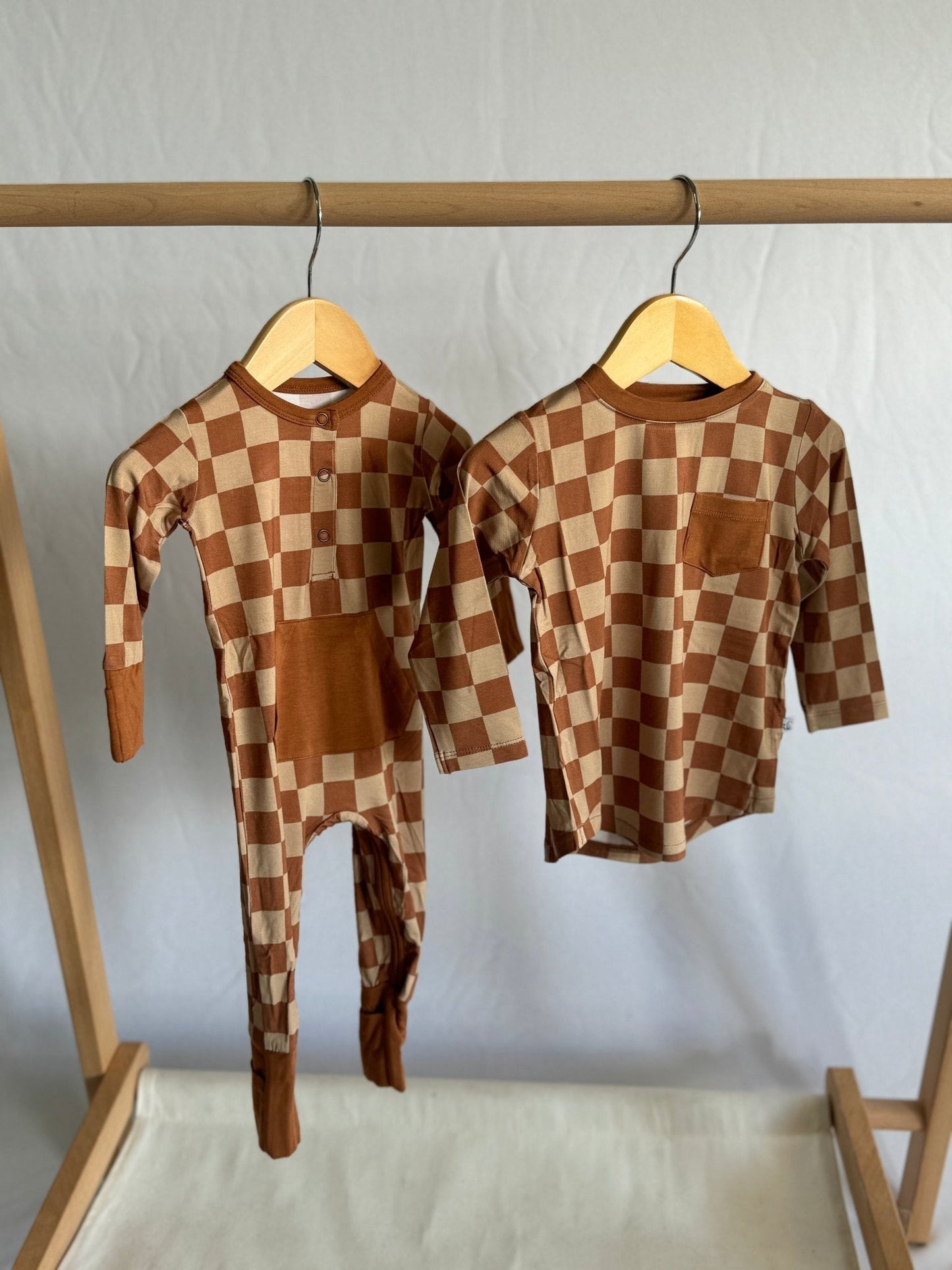 Chocolate & Tan Checkered Long Sleeve Romper