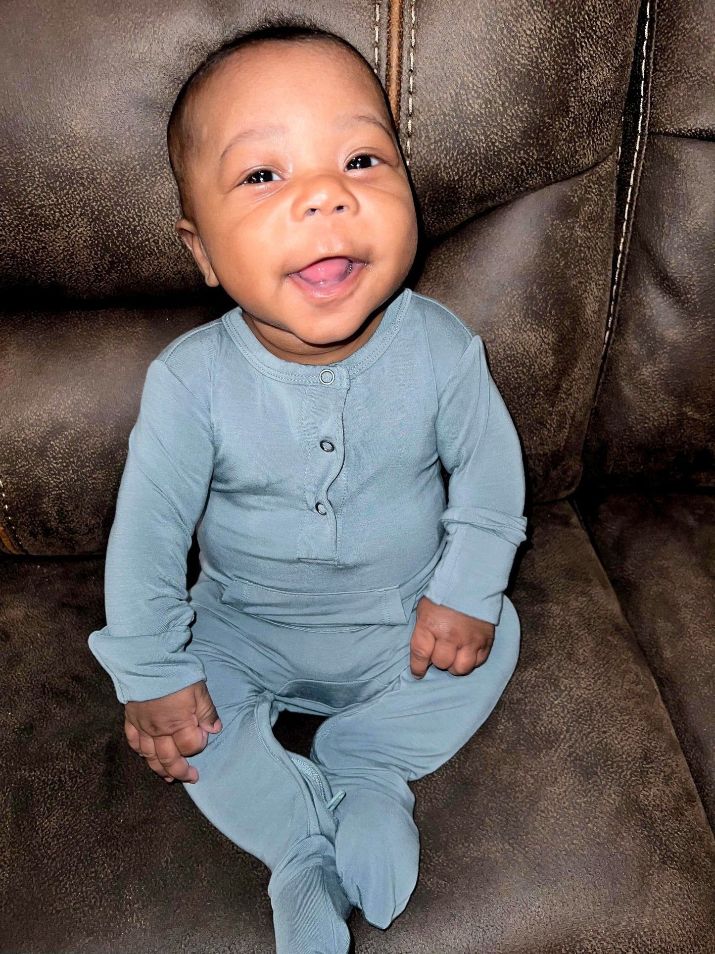 Bamboo Long Sleeve Romper - Sea Blue