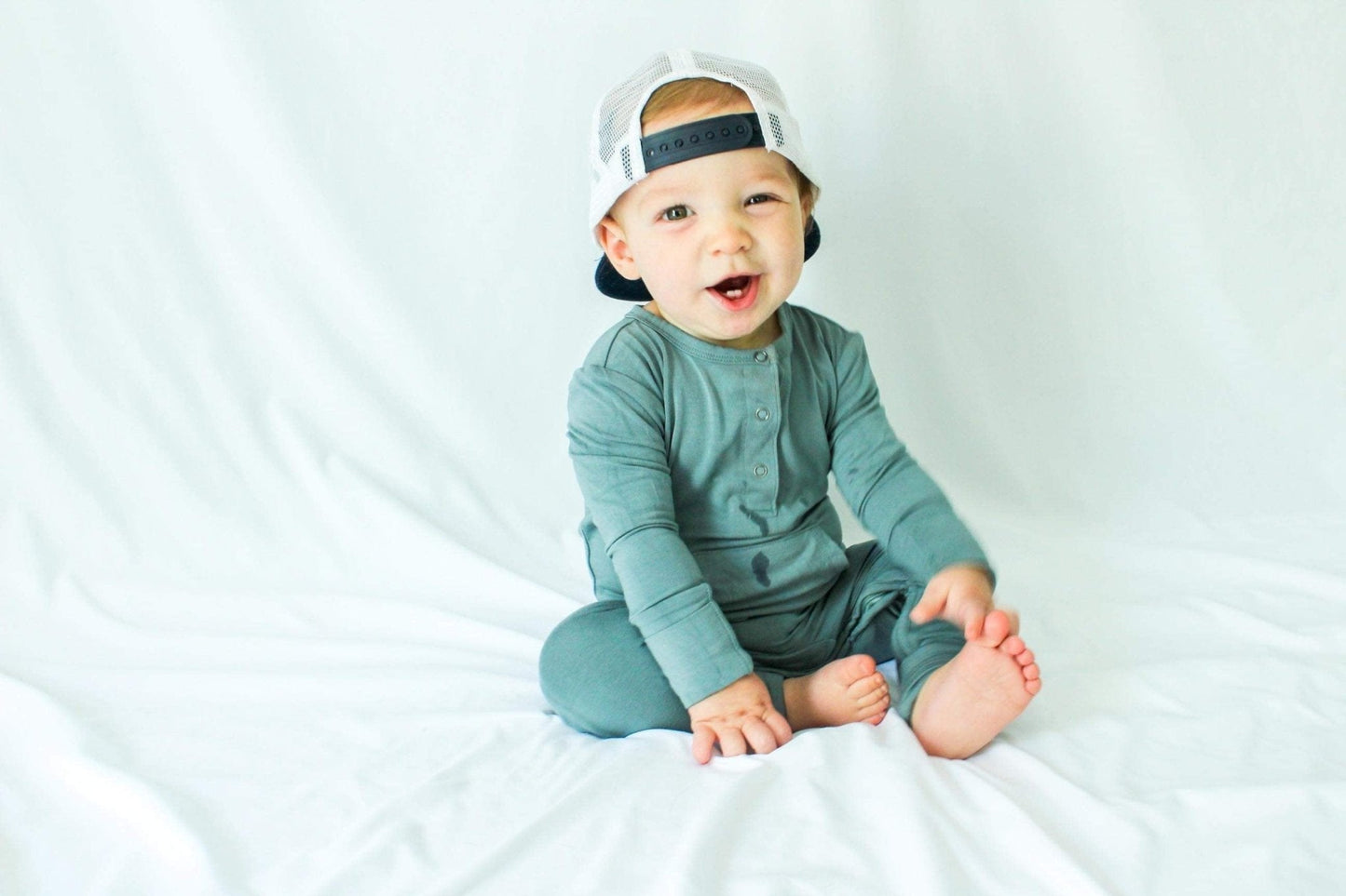 Bamboo Long Sleeve Romper - Sea Blue