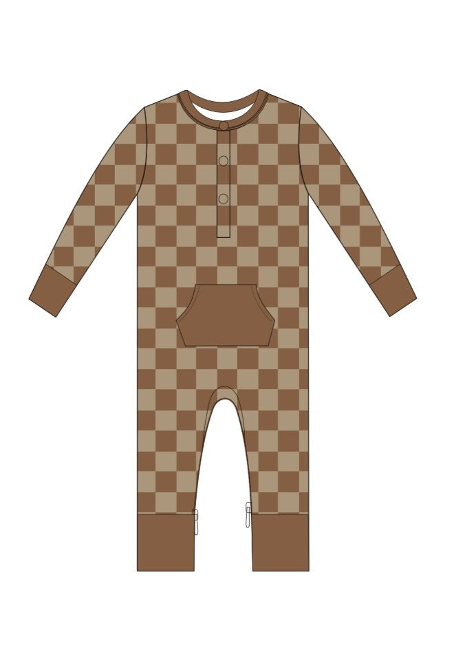 Chocolate & Tan Checkered Long Sleeve Romper