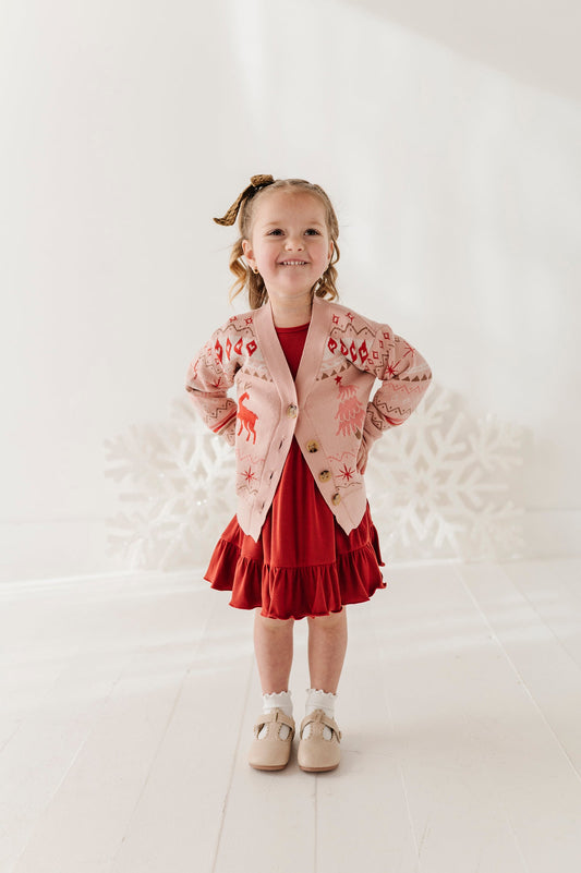 Girls Long Sleeve Jacquard Christmas Knit Sweater in Reindeer