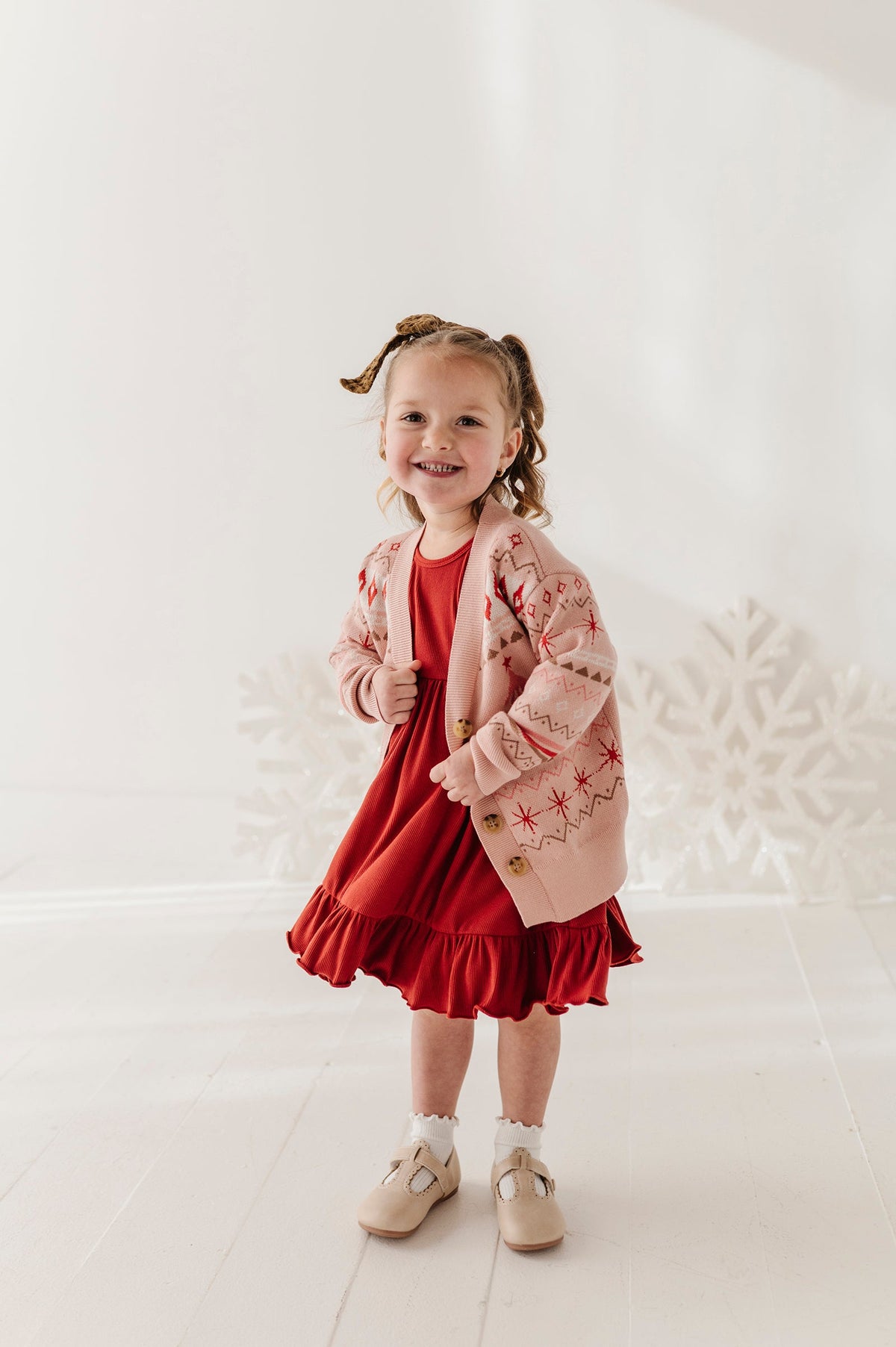 Girls Long Sleeve Jacquard Christmas Knit Sweater in Reindeer
