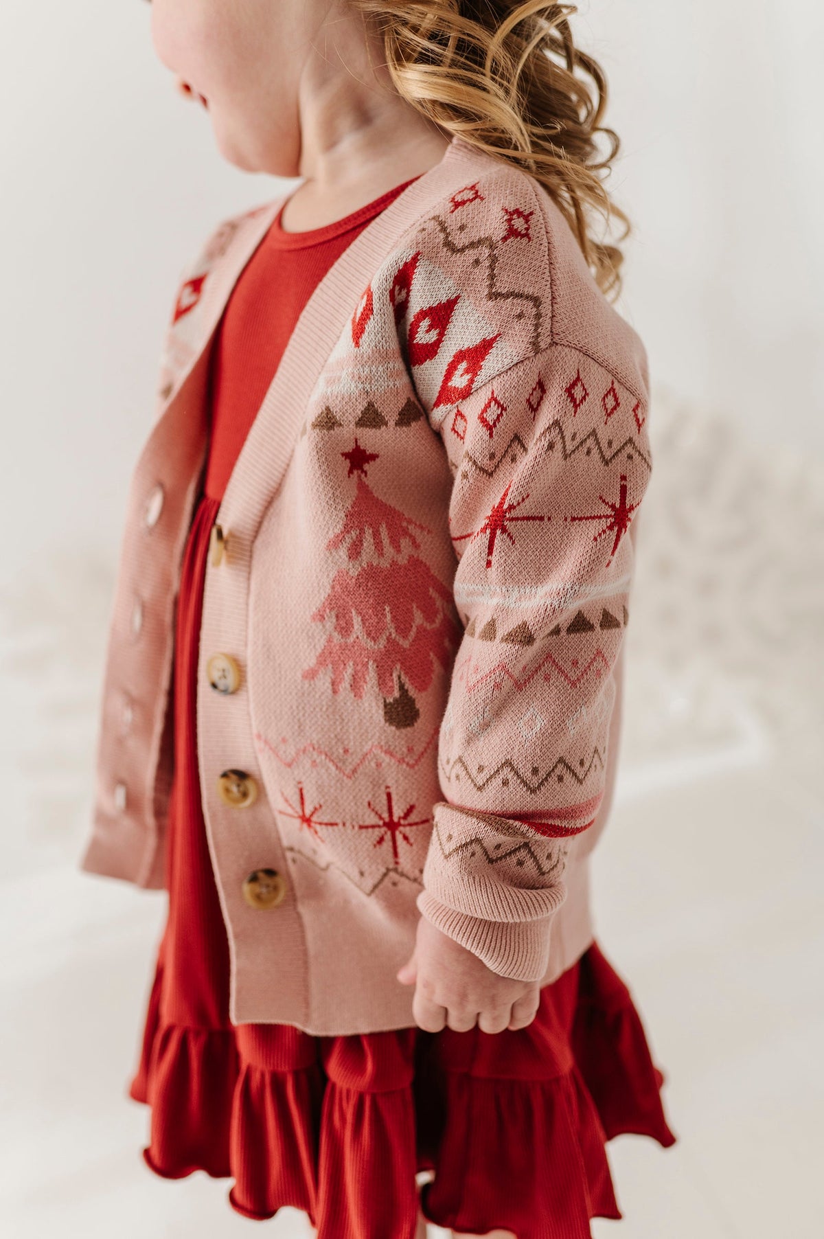 Girls Long Sleeve Jacquard Christmas Knit Sweater in Reindeer