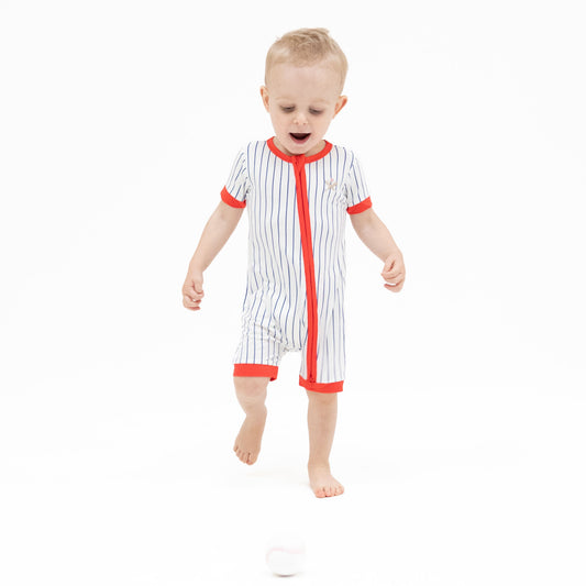 Baseball Stripe - Shortie 2 Way Zipper Romper