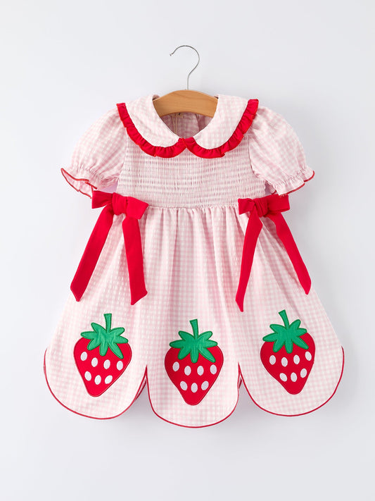 Girls' Plaid Smocked Strawberry Applique Dress