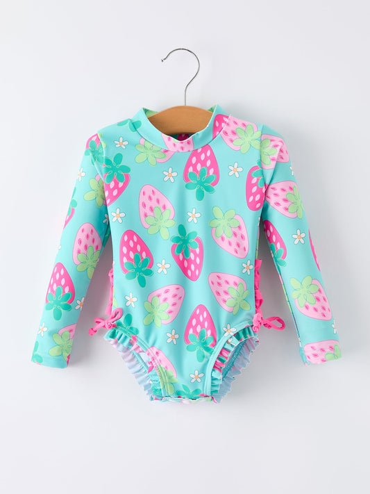 Summer Strawberry Print Girl Long Sleeve Ruffle One Piece Swimsuit