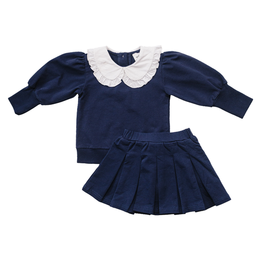 Navy Peter Pan Collar Pleated Skirt Set