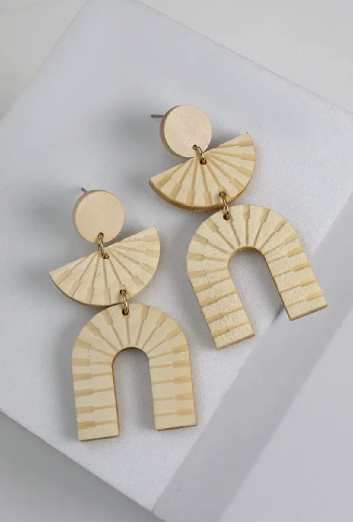 Carved Wood Geometric U Shape Earrings