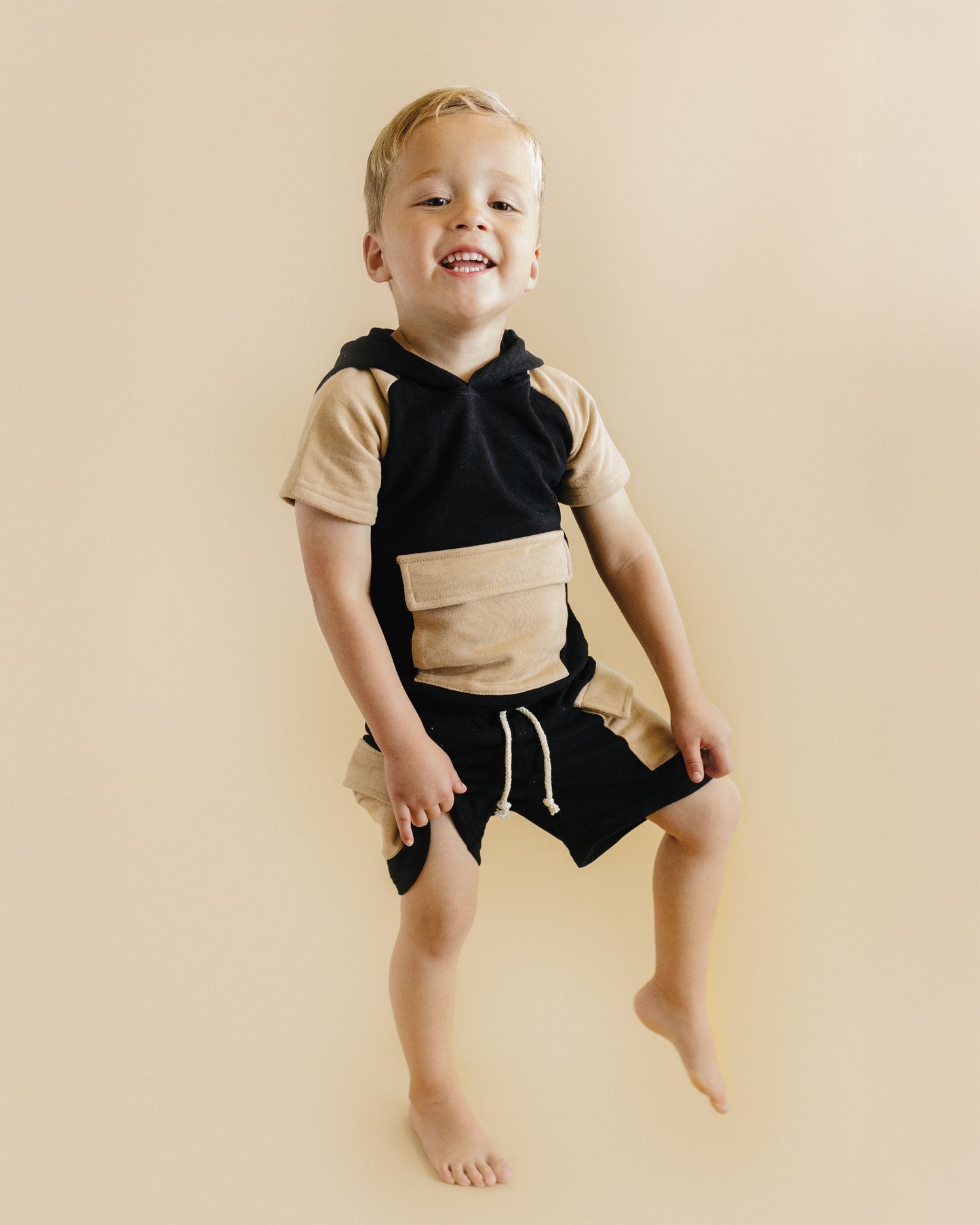 Terry Cargo Shorts Set | Black & Tan