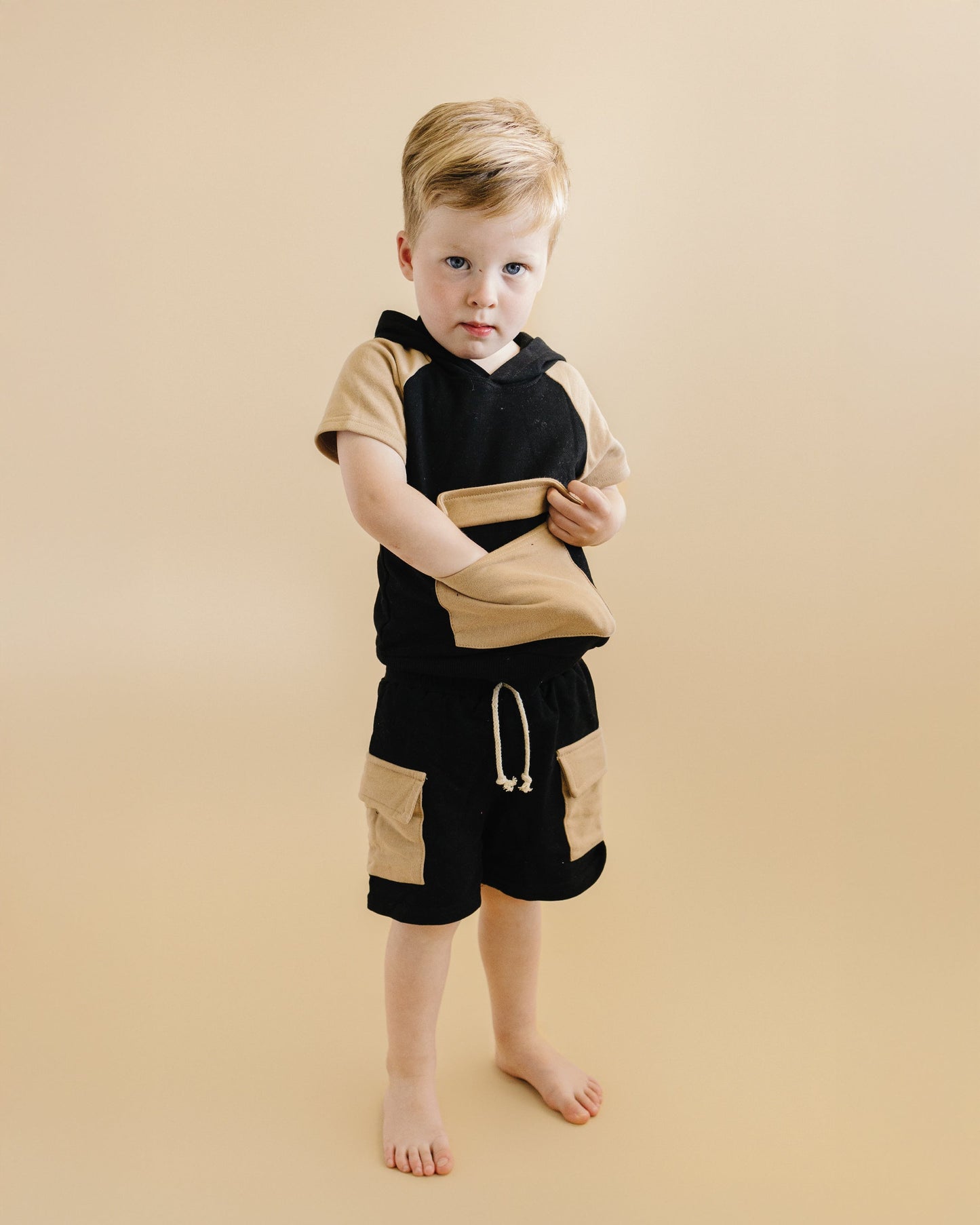 Terry Cargo Shorts Set | Black & Tan