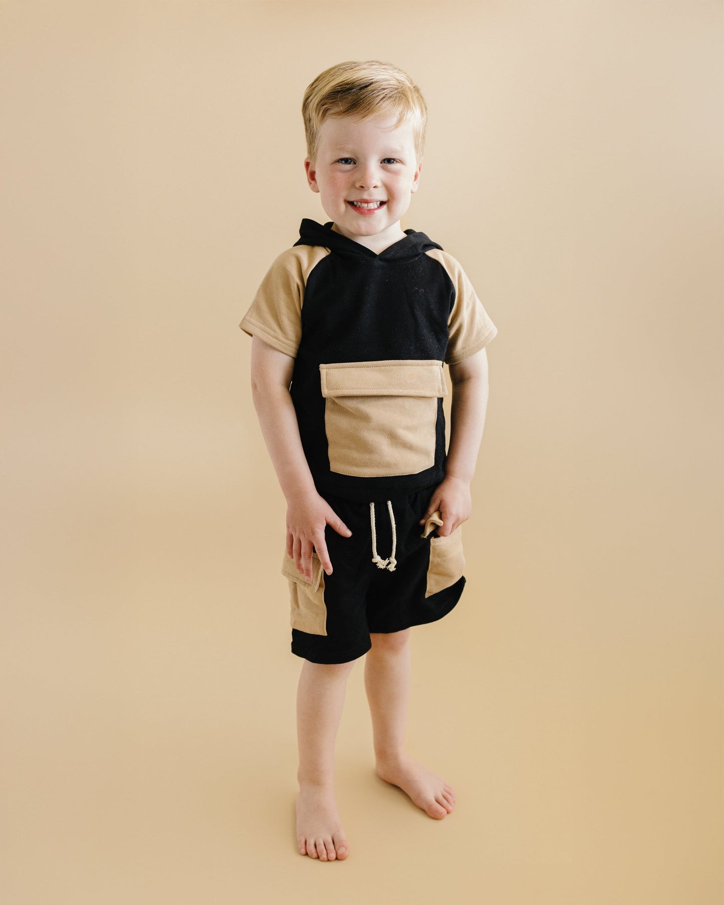 Terry Cargo Shorts Set | Black & Tan