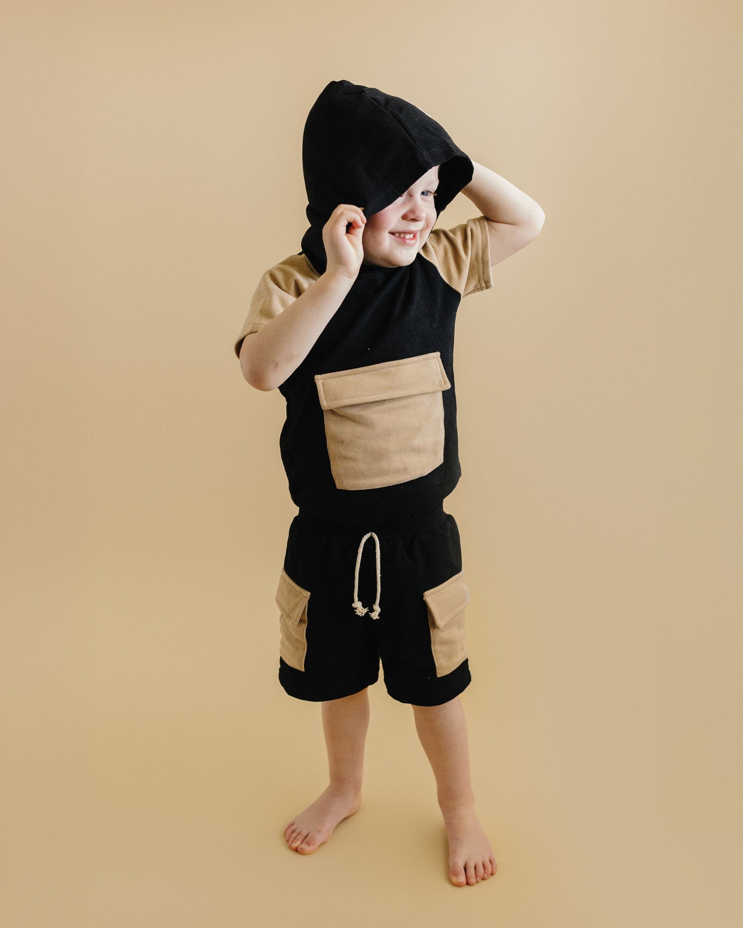 Terry Cargo Shorts Set | Black & Tan