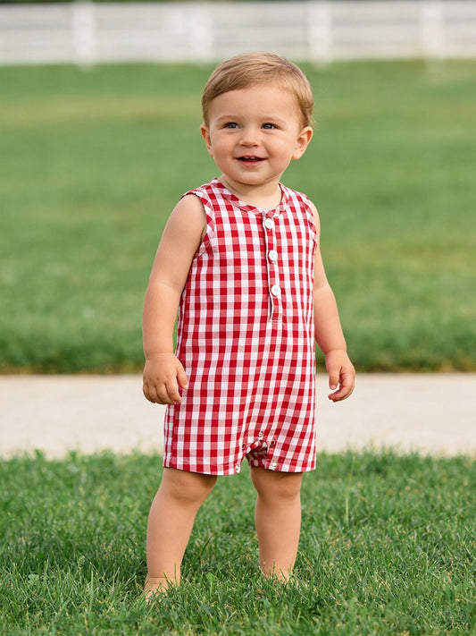 Summer Plaid Smocked Ruffle Boys Romper
