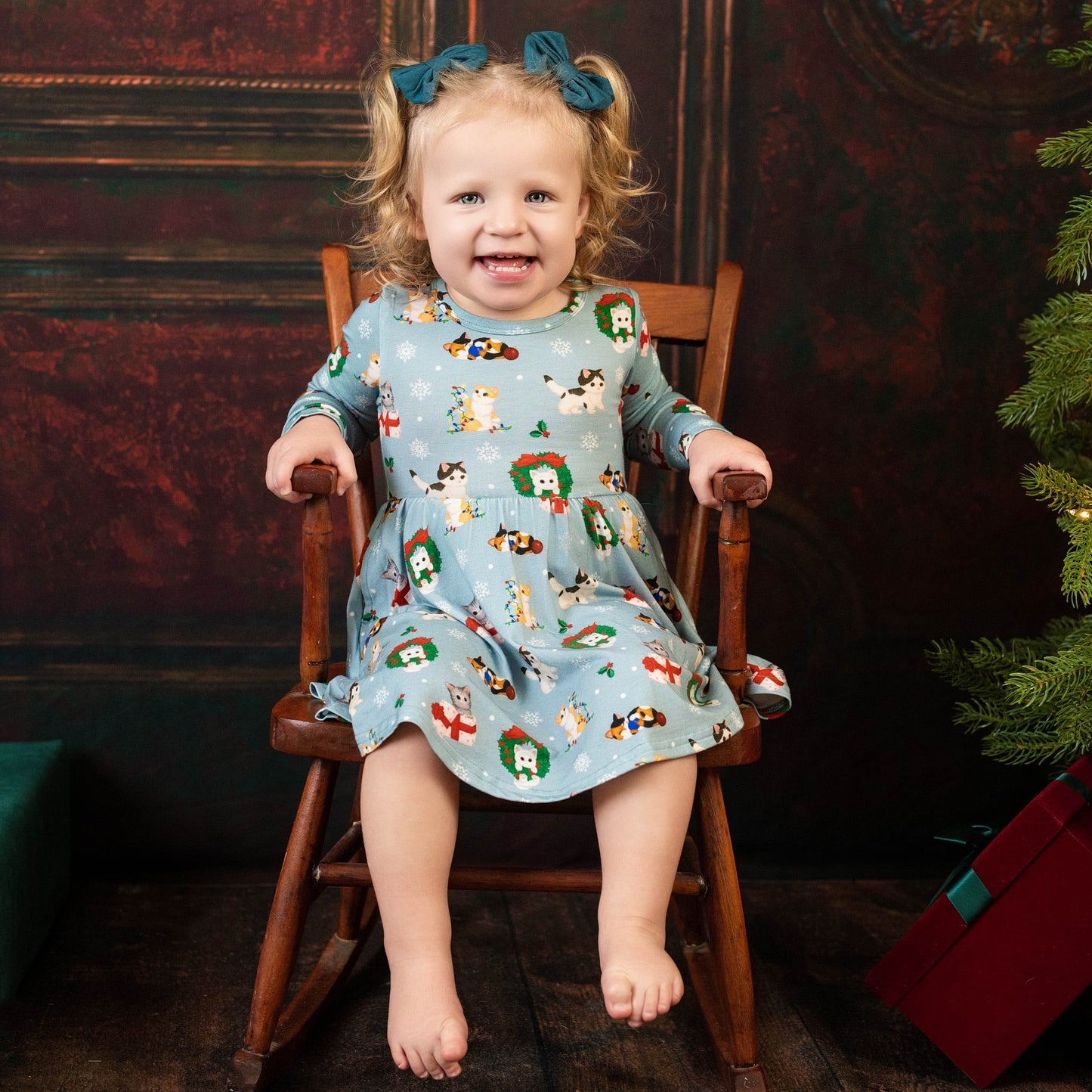 Whisker Wonderland Christmas Kittens Bamboo Twirl Dress with Pockets