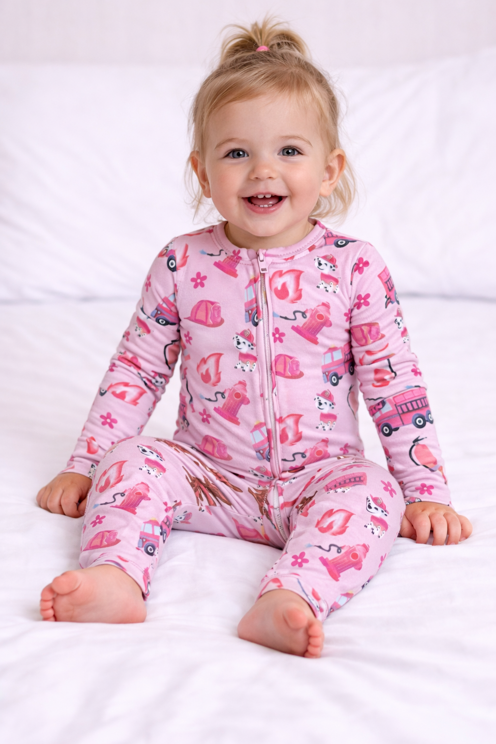 Pink Firefighter  Bamboo Zipper Footie