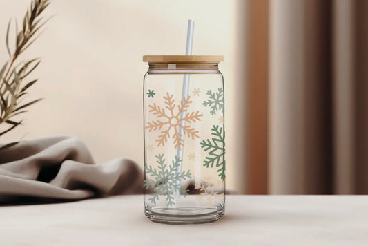 16 oz Winter Snowflake Glass w/ straw & lid