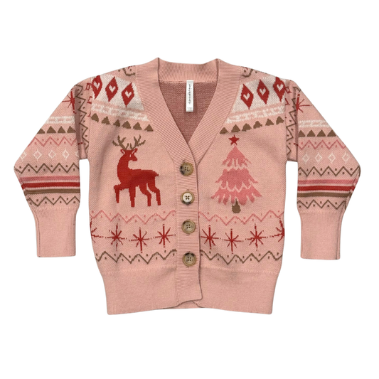 Girls Long Sleeve Jacquard Christmas Knit Sweater in Reindeer
