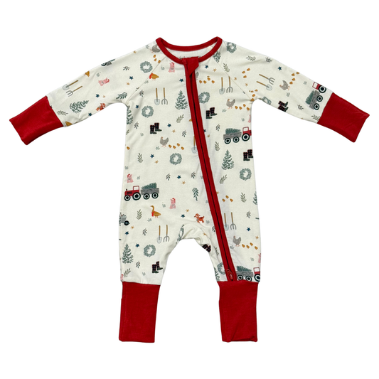 Baby Boy Long Sleeve Zip Romper in Christmas Farm