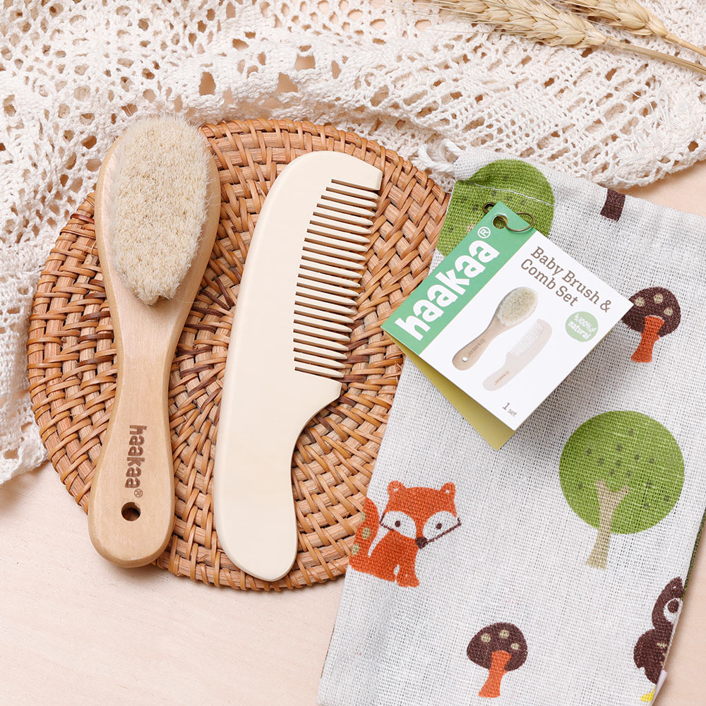 Haakaa Goats Wool Wooden Baby Brush & Comb Set