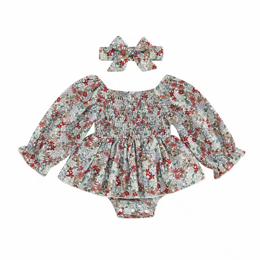 Red Multi Color Floral Scrunch Skirted Romper