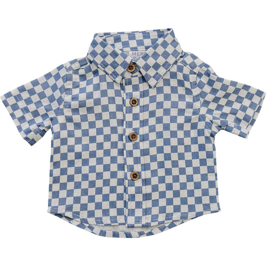 Blue Checkered Linen Button Up Shirt