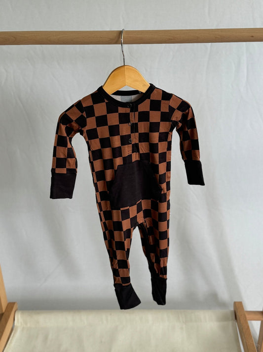 Black & Chocolate Checkered Long Sleeve Romper