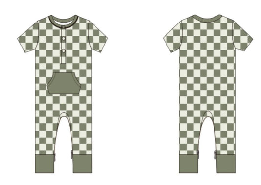 Checkered Short Sleeve Romper- Sage