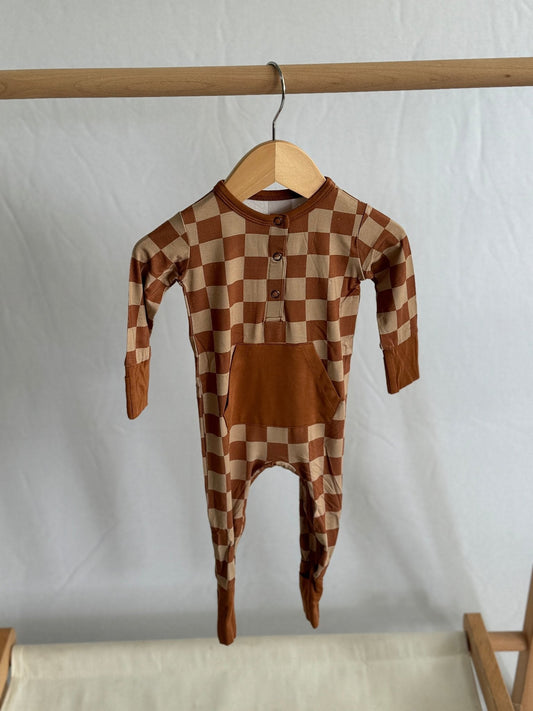 Chocolate & Tan Checkered Long Sleeve Romper