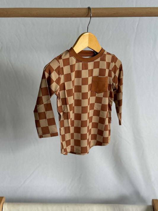 Chocolate & Tan Checkered Pocket Long Sleeve