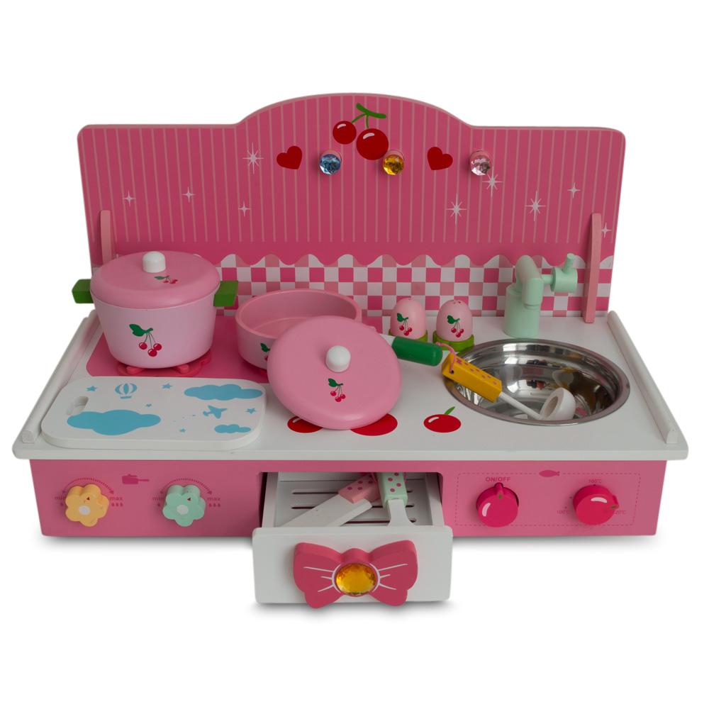 Wooden Pink Toy Kitchen Play Set 22 Inches