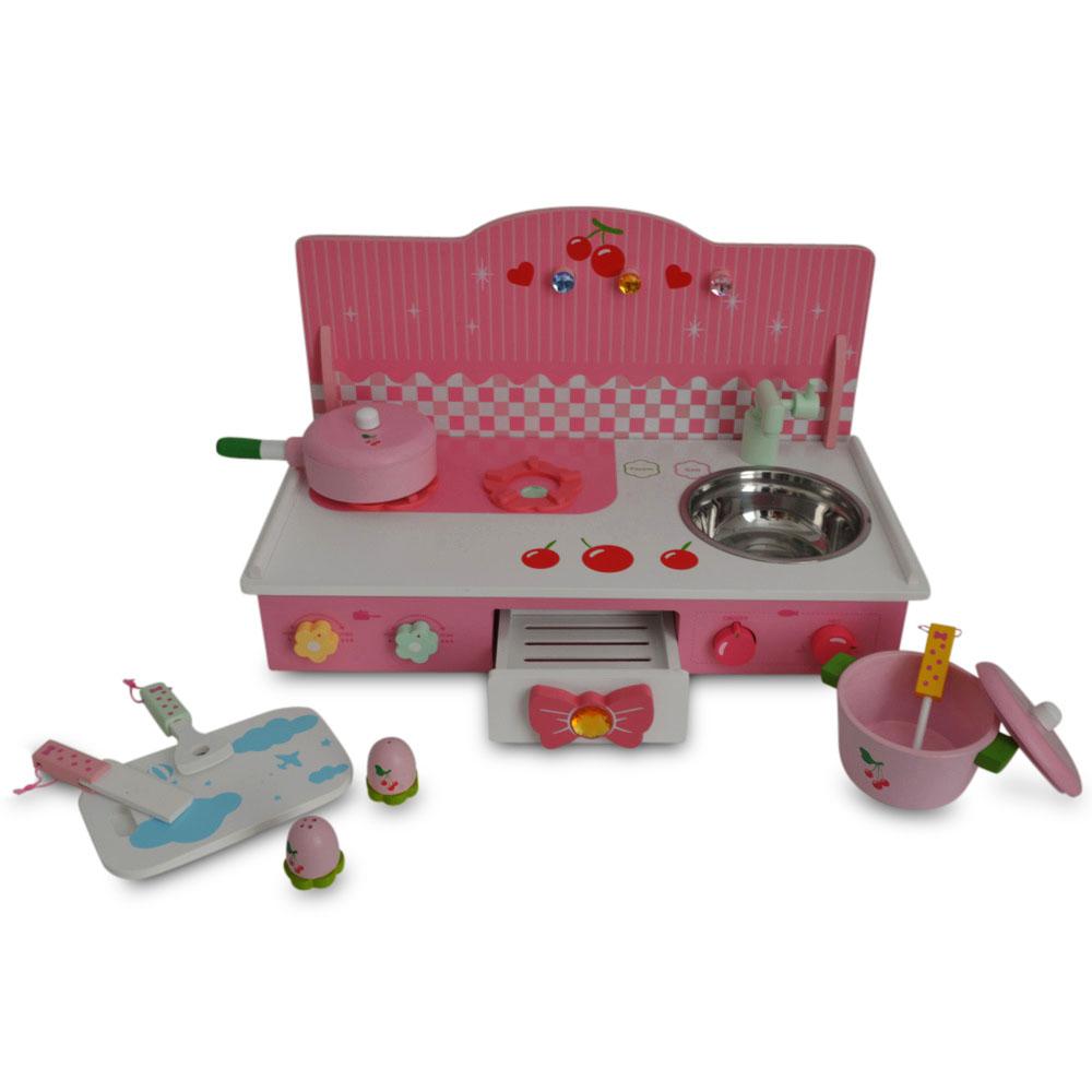 Wooden Pink Toy Kitchen Play Set 22 Inches