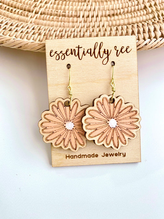 Hand-painted Gerber Daisy Birch Wood Drop Earrings