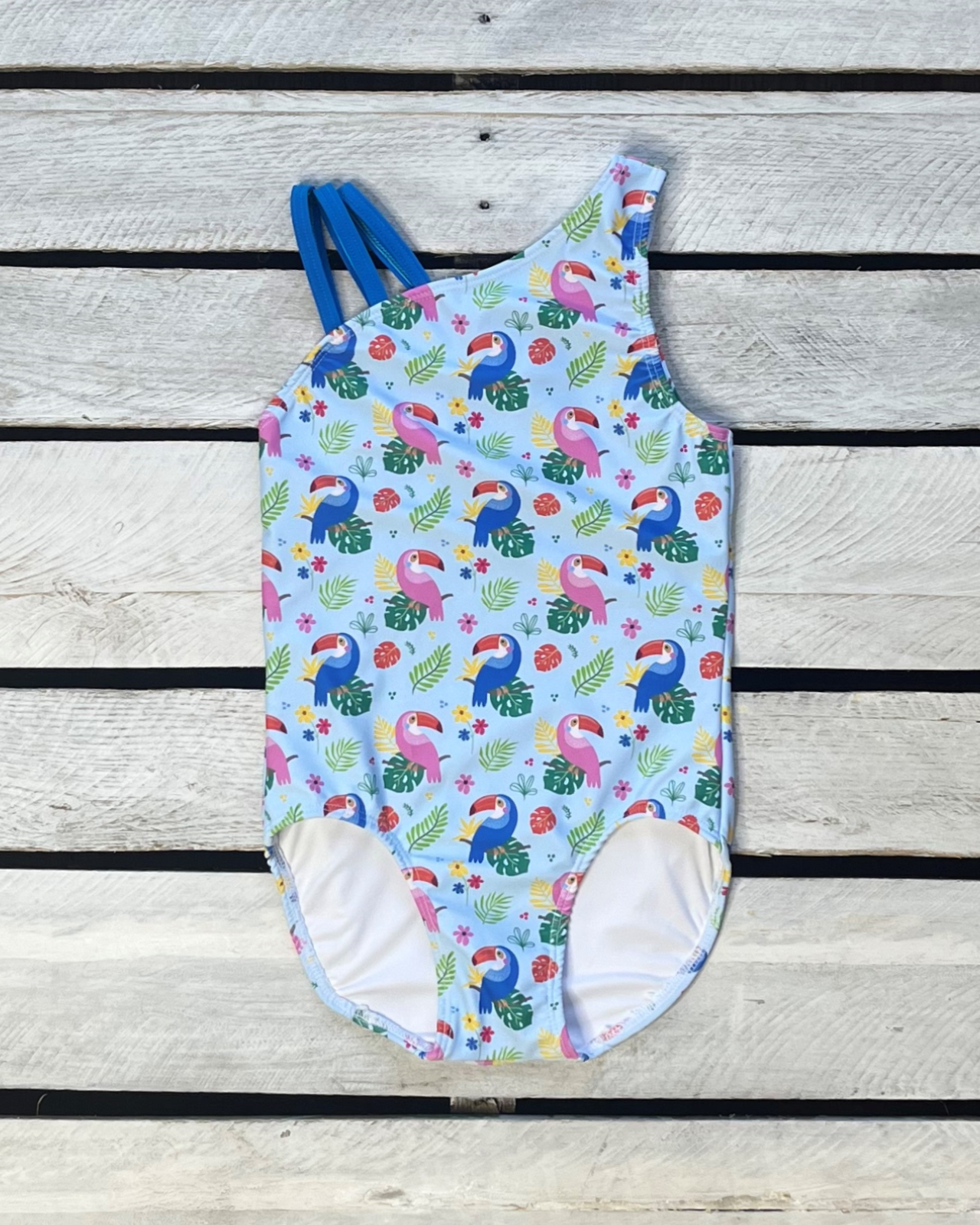 Too Cute Toucans Girls Asymmetric One Piece with Straps